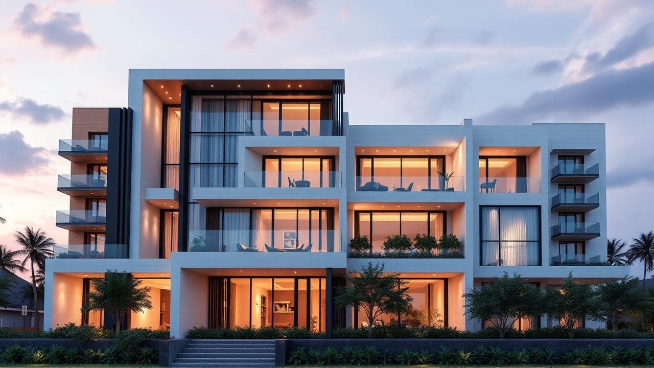 Modern residential and commercial real estate buildings